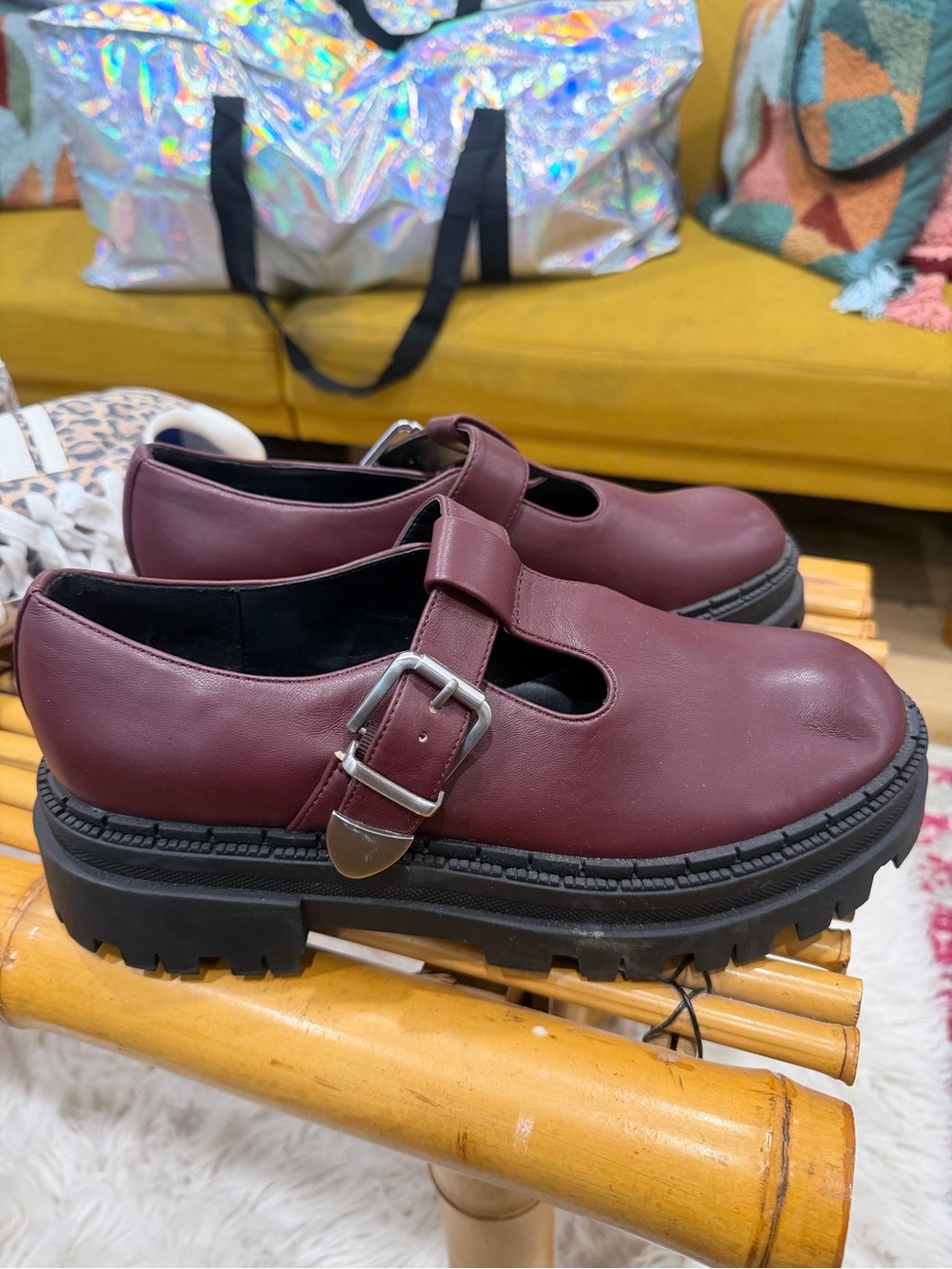 Steve Madden Burgundy Mary Jane Lug Sole Buckle Flats